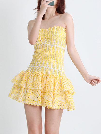 Mini Dresses- Cotton Smocked Layered Rufle Strapless Mini Dress- - Pekosa Women Clothing