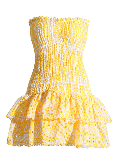 Mini Dresses- Cotton Smocked Layered Rufle Strapless Mini Dress- - Pekosa Women Clothing