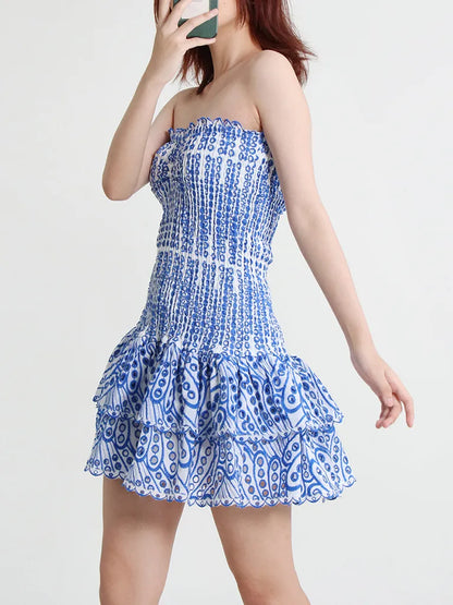 Mini Dresses- Cotton Smocked Layered Rufle Strapless Mini Dress- - Pekosa Women Clothing