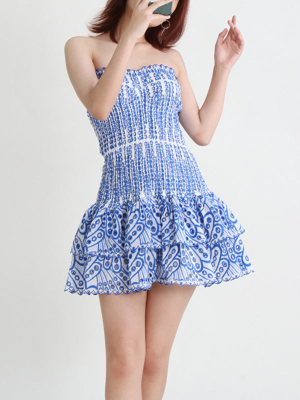 Mini Dresses- Cotton Smocked Layered Rufle Strapless Mini Dress- Blue- Pekosa Women Clothing