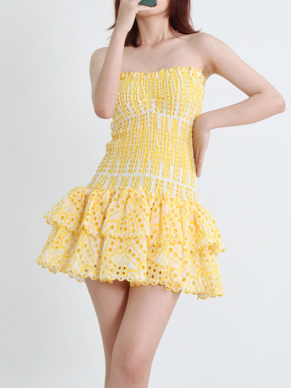 Mini Dresses- Cotton Smocked Layered Rufle Strapless Mini Dress- Yellow- Pekosa Women Clothing