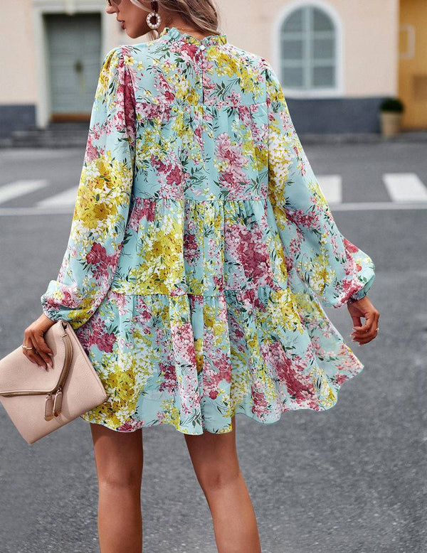 Mini Dresses- Elegant Floral Tiered Mini Dress with High Neck & Bishop Sleeves- - Pekosa Women Clothing