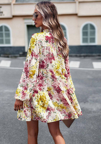 Mini Dresses- Elegant Floral Tiered Mini Dress with High Neck & Bishop Sleeves- - Pekosa Women Clothing