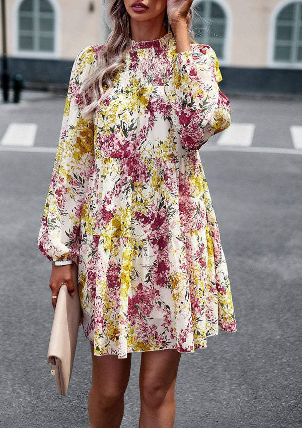 Mini Dresses- Elegant Floral Tiered Mini Dress with High Neck & Bishop Sleeves- - Pekosa Women Clothing