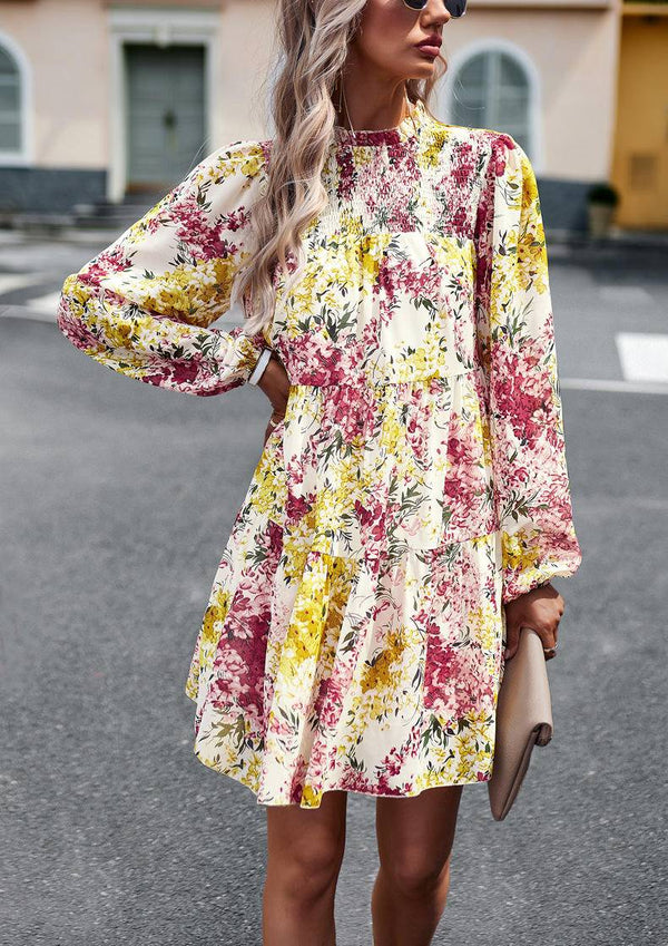 Mini Dresses- Elegant Floral Tiered Mini Dress with High Neck & Bishop Sleeves- - Pekosa Women Clothing