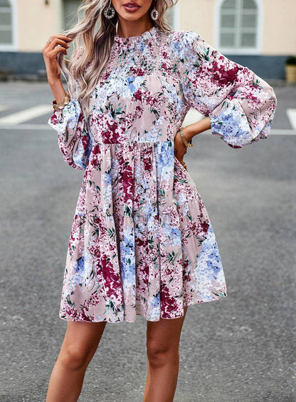 Mini Dresses- Elegant Floral Tiered Mini Dress with High Neck & Bishop Sleeves- - Pekosa Women Clothing