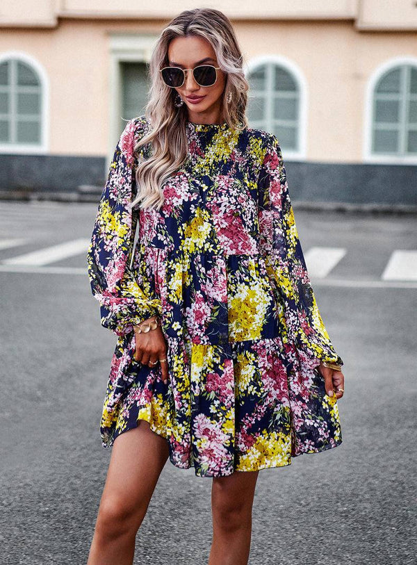 Mini Dresses- Elegant Floral Tiered Mini Dress with High Neck & Bishop Sleeves- - Pekosa Women Clothing