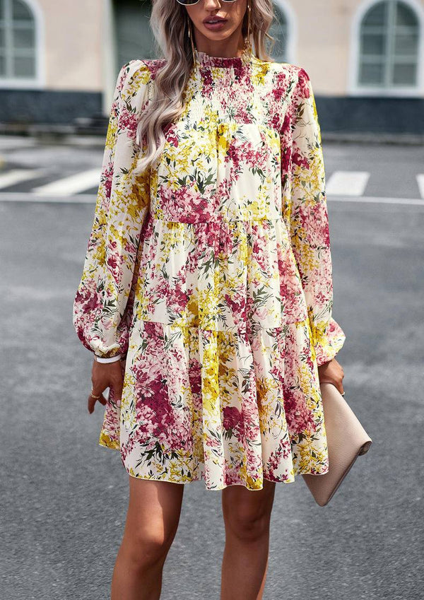 Mini Dresses- Elegant Floral Tiered Mini Dress with High Neck & Bishop Sleeves- - Pekosa Women Clothing