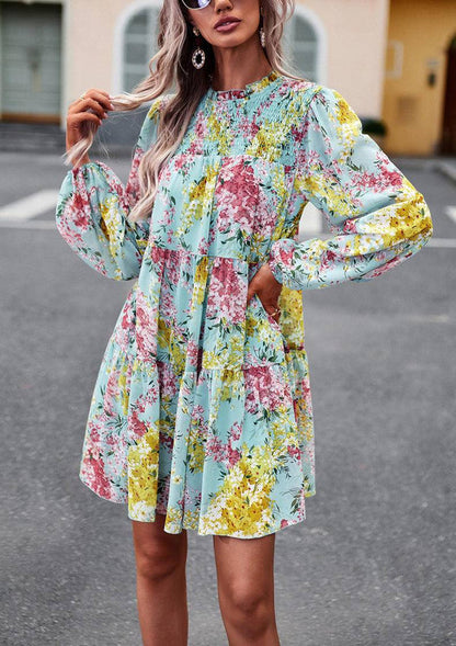 Mini Dresses- Elegant Floral Tiered Mini Dress with High Neck & Bishop Sleeves- - Pekosa Women Clothing