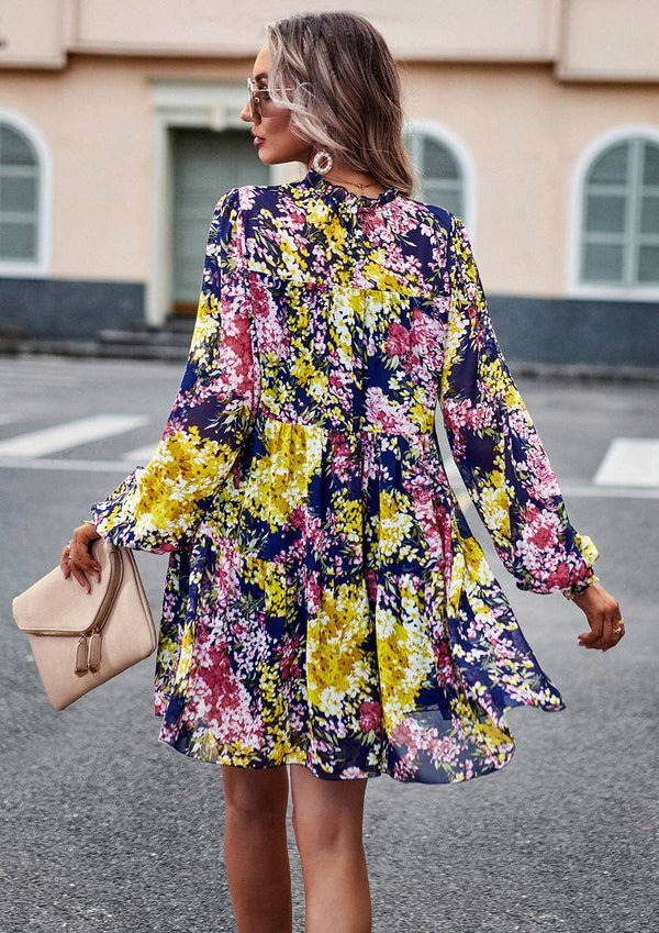 Mini Dresses- Elegant Floral Tiered Mini Dress with High Neck & Bishop Sleeves- - Pekosa Women Clothing