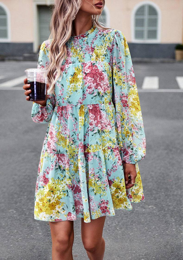 Mini Dresses- Elegant Floral Tiered Mini Dress with High Neck & Bishop Sleeves- - Pekosa Women Clothing