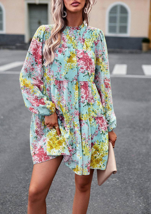 Mini Dresses- Elegant Floral Tiered Mini Dress with High Neck & Bishop Sleeves- - Pekosa Women Clothing