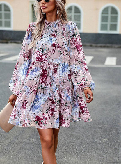 Mini Dresses- Elegant Floral Tiered Mini Dress with High Neck & Bishop Sleeves- - Pekosa Women Clothing