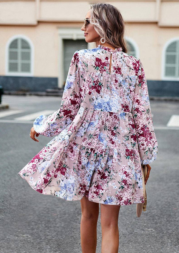 Mini Dresses- Elegant Floral Tiered Mini Dress with High Neck & Bishop Sleeves- - Pekosa Women Clothing