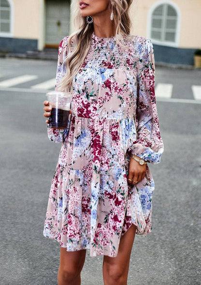 Mini Dresses- Elegant Floral Tiered Mini Dress with High Neck & Bishop Sleeves- - Pekosa Women Clothing