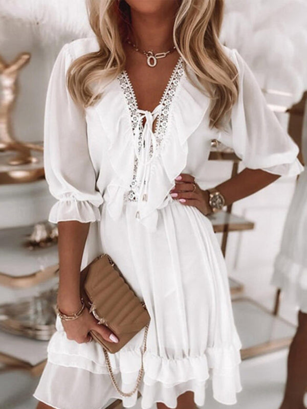 Mini Dresses- Elegant Lace Chiffon Dress: 3/4 Sleeves, V-Neck, Double Ruffle Layer- White- Pekosa Women Clothing