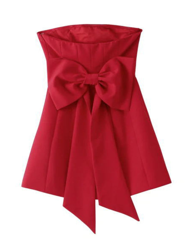 Mini Dresses- Elegant Solid Strapless Cocktail Mini Dress with a Bowknot Back- - Pekosa Women Clothing