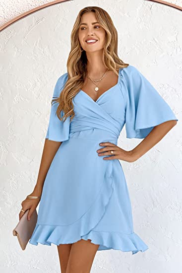 Mini Dresses- Elegant and Versatile: Women's Short Sleeve Wrap V-Neck Mini Dresses- - Pekosa Women Clothing