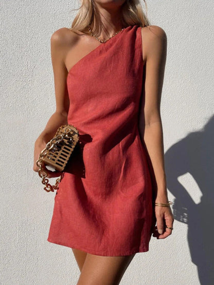 Mini Dresses- Essential Cocktail A-Line Mini Dress in Solid One-Shoulder- Red- Pekosa Women Fashion