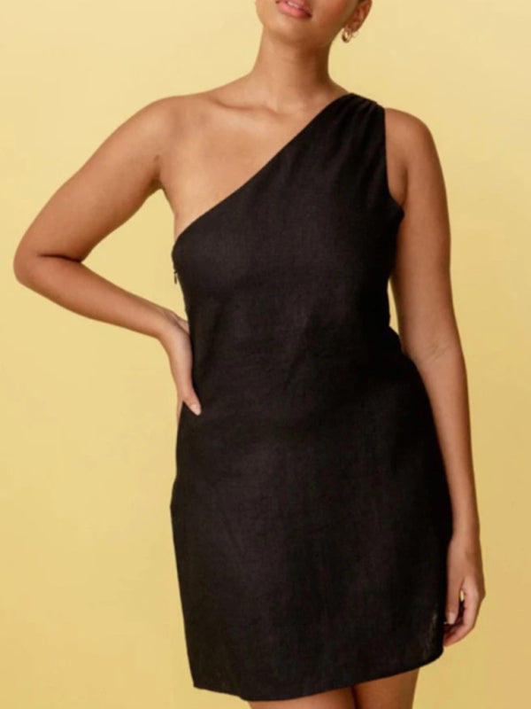 Mini Dresses- Essential Cocktail A-Line Mini Dress in Solid One-Shoulder- Black- Pekosa Women Fashion