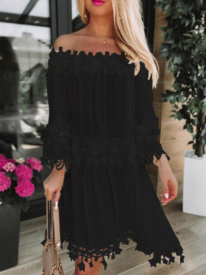 Mini Dresses- Experience Graceful Elegance in our Gauze Lace Off-Shoulder Mini Dress- - Pekosa Women Clothing