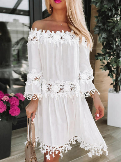 Mini Dresses- Experience Graceful Elegance in our Gauze Lace Off-Shoulder Mini Dress- - Pekosa Women Clothing