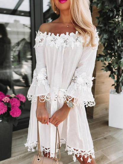 Mini Dresses- Experience Graceful Elegance in our Gauze Lace Off-Shoulder Mini Dress- White- Pekosa Women Clothing