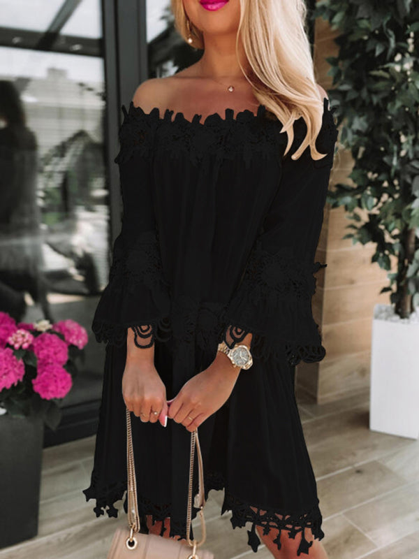 Mini Dresses- Experience Graceful Elegance in our Gauze Lace Off-Shoulder Mini Dress- Black- Pekosa Women Clothing