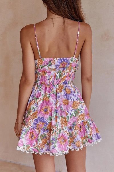 Mini Dresses- Floral A-Line Knot Ruffle Cami Mini Dress- - Pekosa Women Clothing