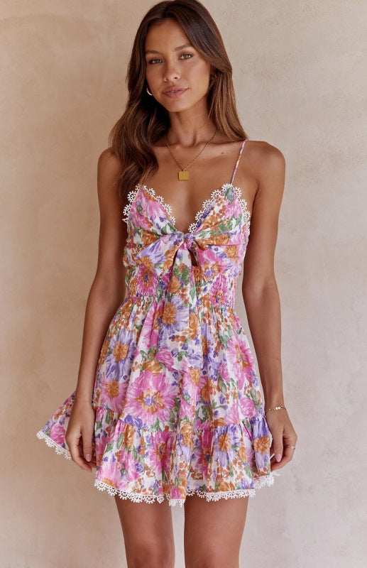 Mini Dresses- Floral A-Line Knot Ruffle Cami Mini Dress- Pink- Pekosa Women Clothing
