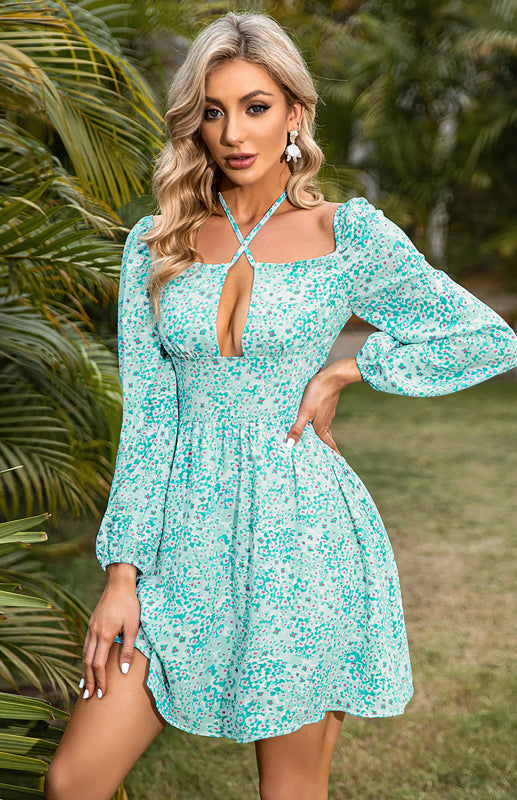 Mini Dresses- Floral Flare Halter Mini Dress: Elegant Style with Sexy Cutout- - Pekosa Women Clothing