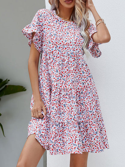 Mini Dresses- Floral Flounce Sleeves Dress: Retro-Inspired, Tiered Design- Pattern- Pekosa Women Clothing