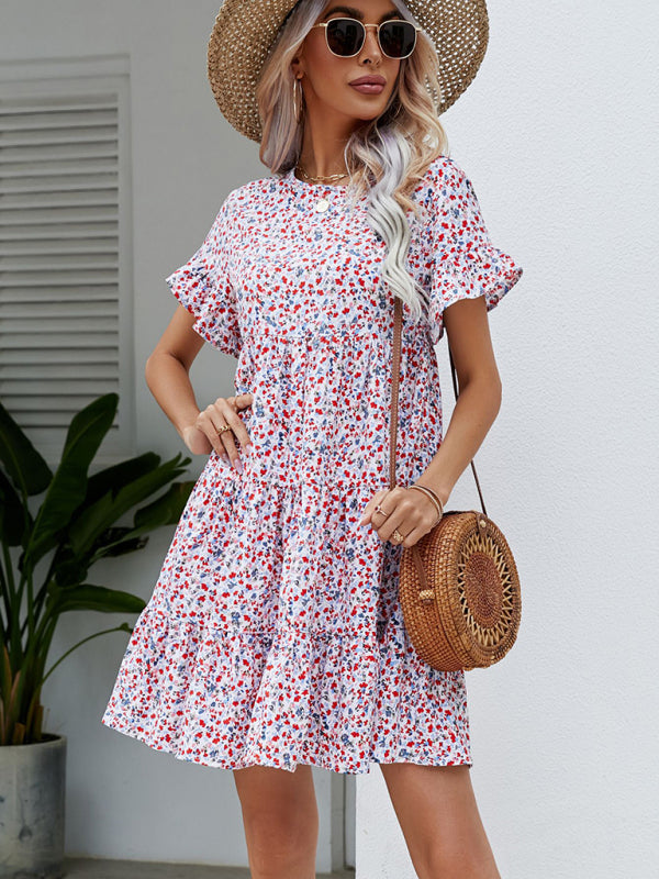 Mini Dresses- Floral Flounce Sleeves Dress: Retro-Inspired, Tiered Design- - Pekosa Women Clothing