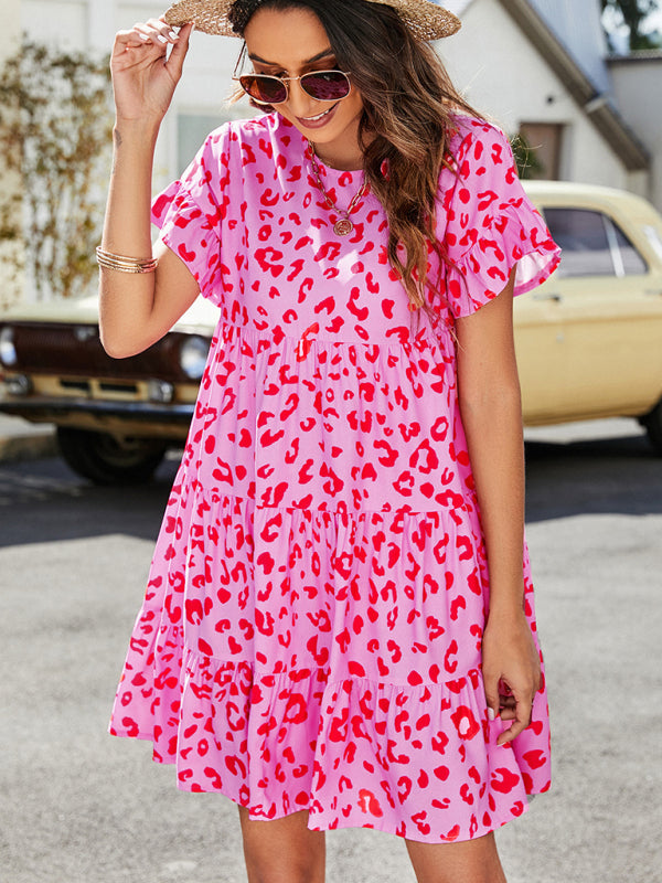 Mini Dresses- Floral Flounce Sleeves Dress: Retro-Inspired, Tiered Design- - Pekosa Women Clothing