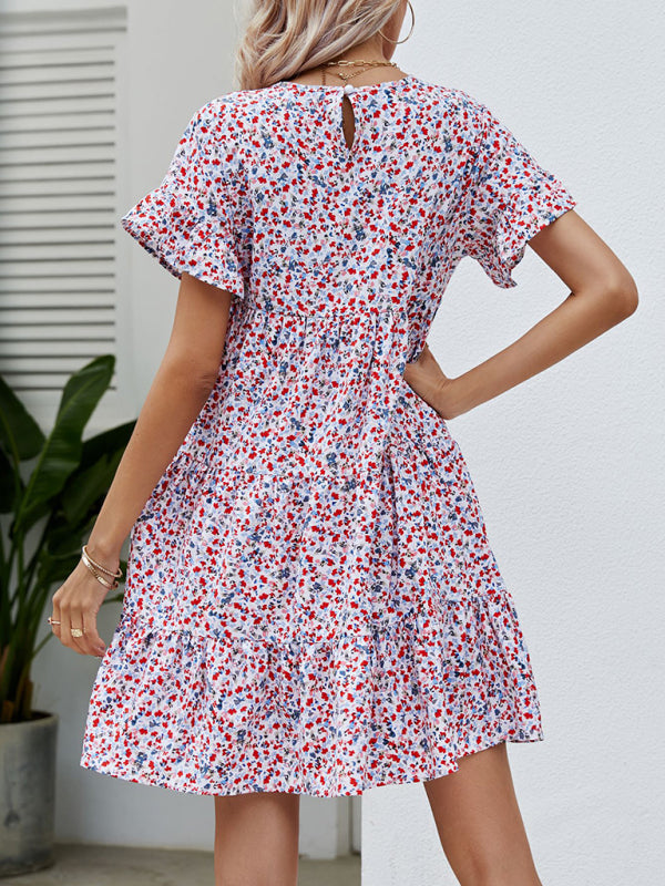 Mini Dresses- Floral Flounce Sleeves Dress: Retro-Inspired, Tiered Design- - Pekosa Women Clothing