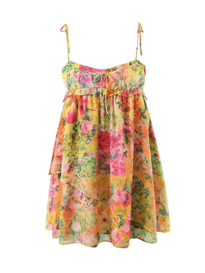 Mini Dresses- Floral Flowy Sleeveless Bustier Cami Dress- - Pekosa Women Clothing