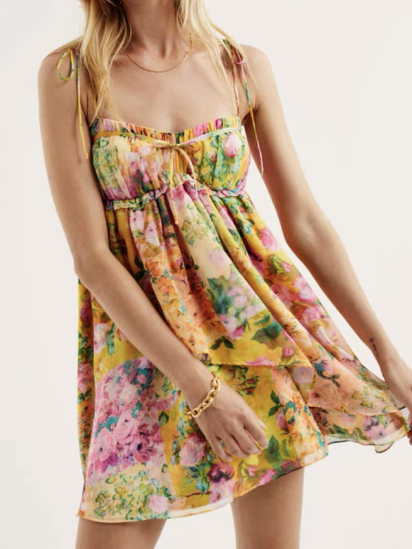 Mini Dresses- Floral Flowy Sleeveless Bustier Cami Dress- Yellow- Pekosa Women Clothing