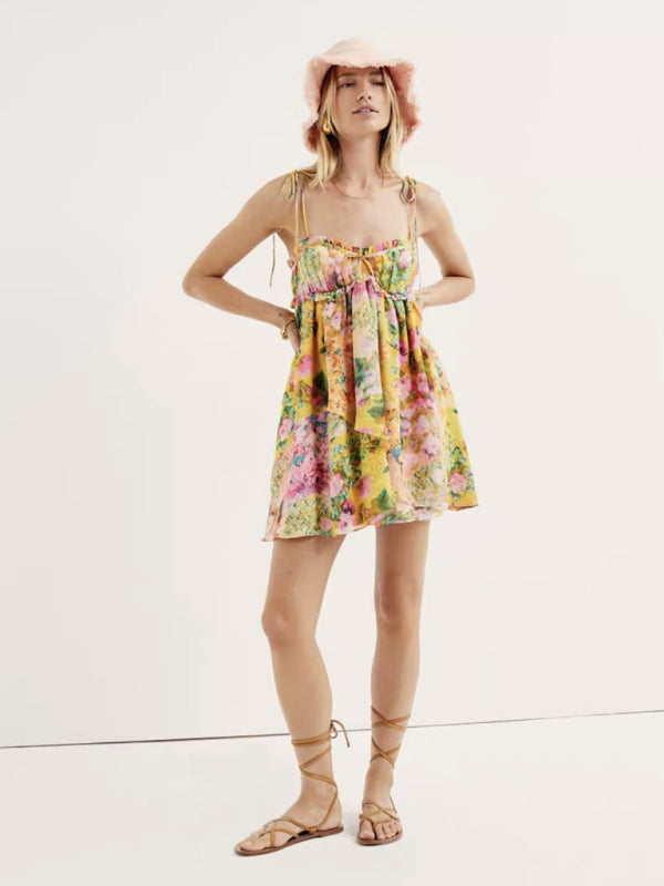 Mini Dresses- Floral Flowy Sleeveless Bustier Cami Dress- - Pekosa Women Clothing