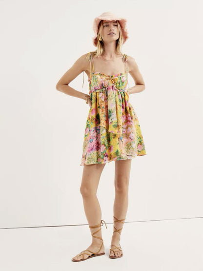 Mini Dresses- Floral Flowy Sleeveless Bustier Cami Dress- - Pekosa Women Clothing