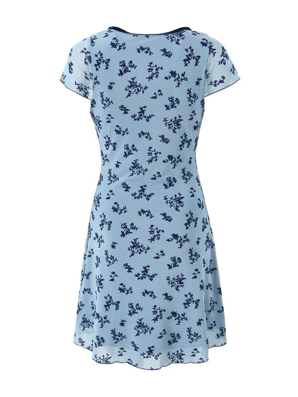 Mini Dresses- Floral Print Cap Sleeve Sheath V-Neck Mini Dress- - Pekosa Women Clothing