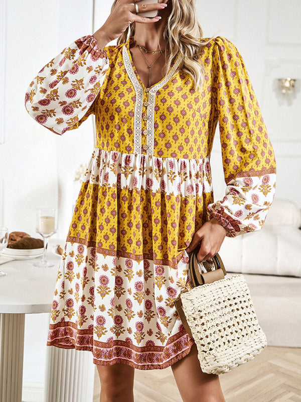 Mini Dresses- Floral V-Neck Buttons Long Sleeve Flowy Mini Dress- Yellow- Pekosa Women Clothing