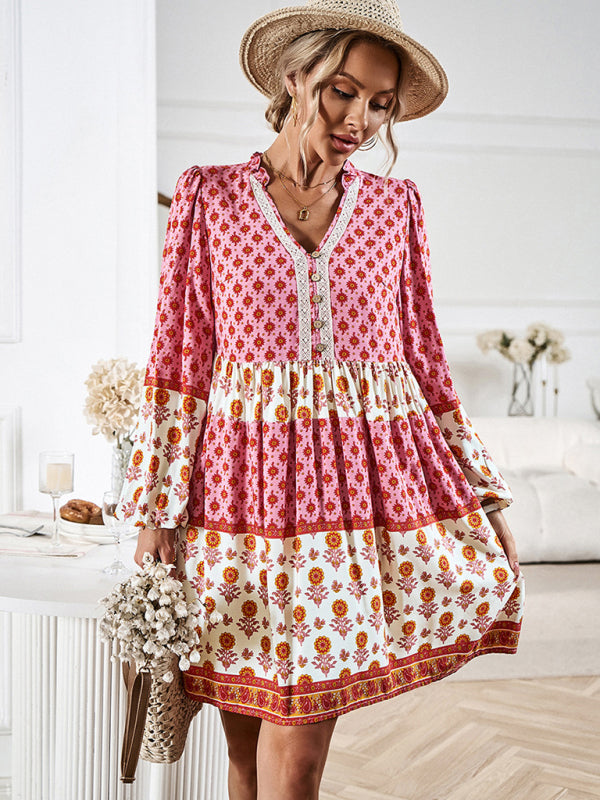 Mini Dresses- Floral V-Neck Buttons Long Sleeve Flowy Mini Dress- - Pekosa Women Clothing