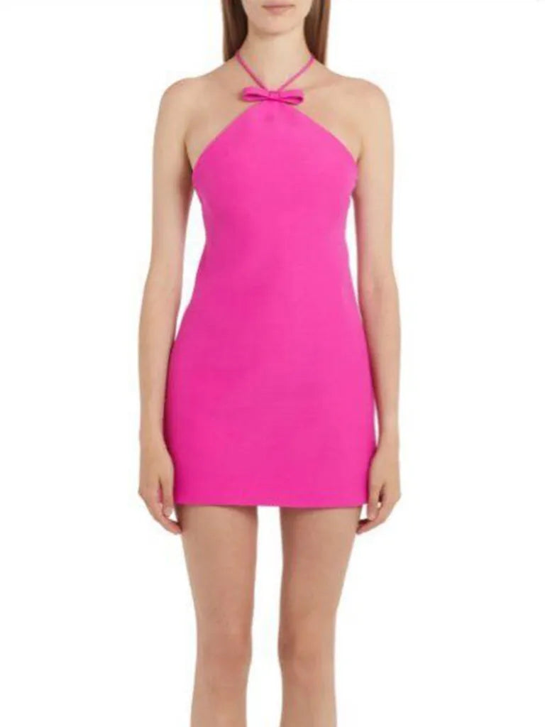 Mini Dresses- Halterneck Solid Backless Mini Dress in Elegant Style- Rose- Pekosa Women Clothing