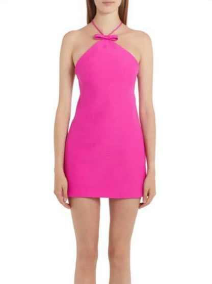 Mini Dresses- Halterneck Solid Backless Mini Dress in Elegant Style- Rose- Pekosa Women Clothing