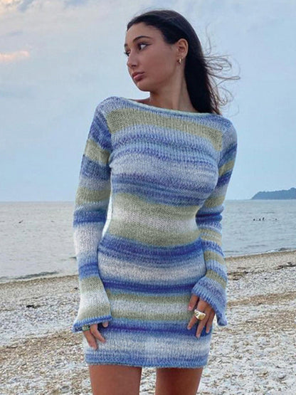 Mini Dresses- Knitted Striped Backless Sweater Bell Sleeves Mini Dress- Blue- Pekosa Women Clothing