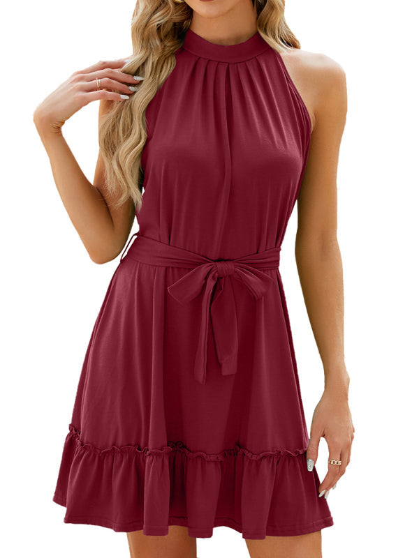 Mini Dresses- Knot Back Belted A-Line Mini Dress in Solid Halter- - Pekosa Women Clothing