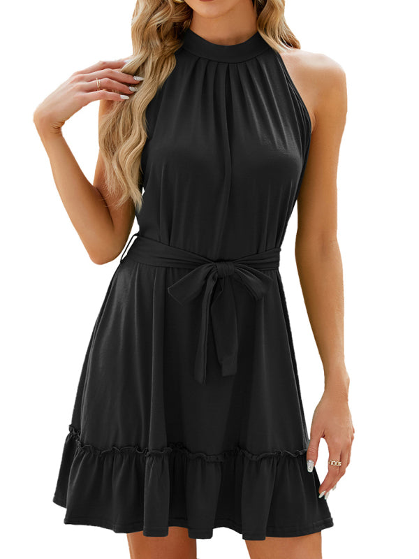 Mini Dresses- Knot Back Belted A-Line Mini Dress in Solid Halter- - Pekosa Women Clothing