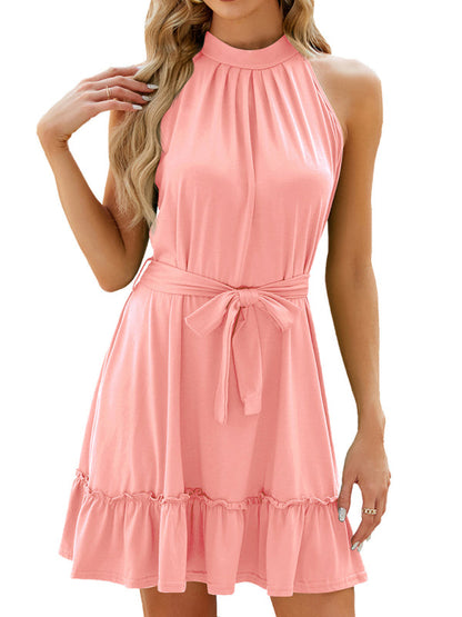 Mini Dresses- Knot Back Belted A-Line Mini Dress in Solid Halter- - Pekosa Women Clothing