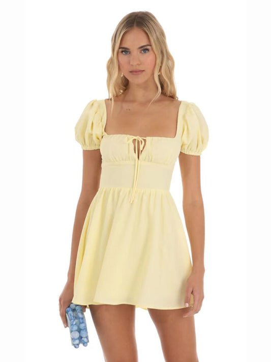 Mini Dresses- Lace-Up Back Solid Tie Bust A-Line Mini Dress for Summer- Yellow- Pekosa Women Clothing