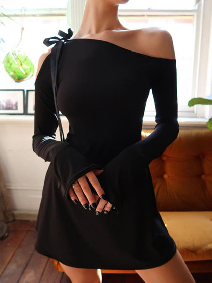 Mini Dresses- Long Sleeve Solid One-Shoulder Mini Dress- Black- Pekosa Women Clothing